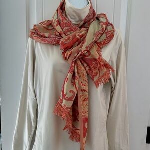 Elegant Paisley Scarf with coral, sage, little orange and purple